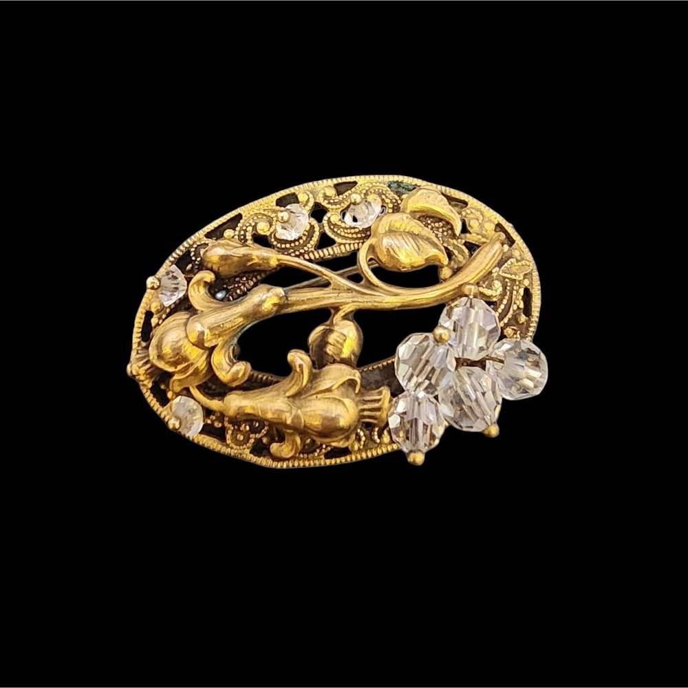 Antique Art Nouveau Brass & Crystal Brooch (A3969)